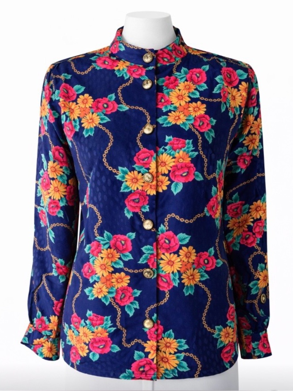 Notations Petite Size 8 Button Front Blouse Navy Floral Chain Print VTG 80s 90s